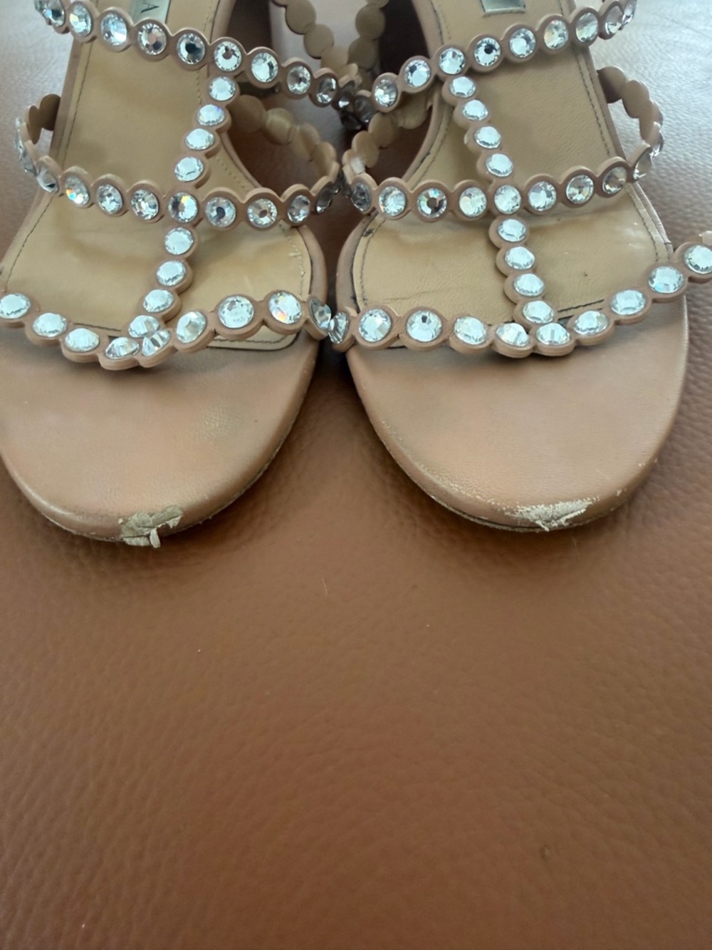 Aquazzura Tequila Crystal Embellished Leather Mules Nude Size 40 Block Heel - Picture 2 of 7